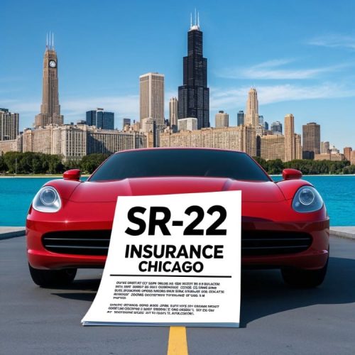 illinois sr22 certificate on car with chicago skyline behind it